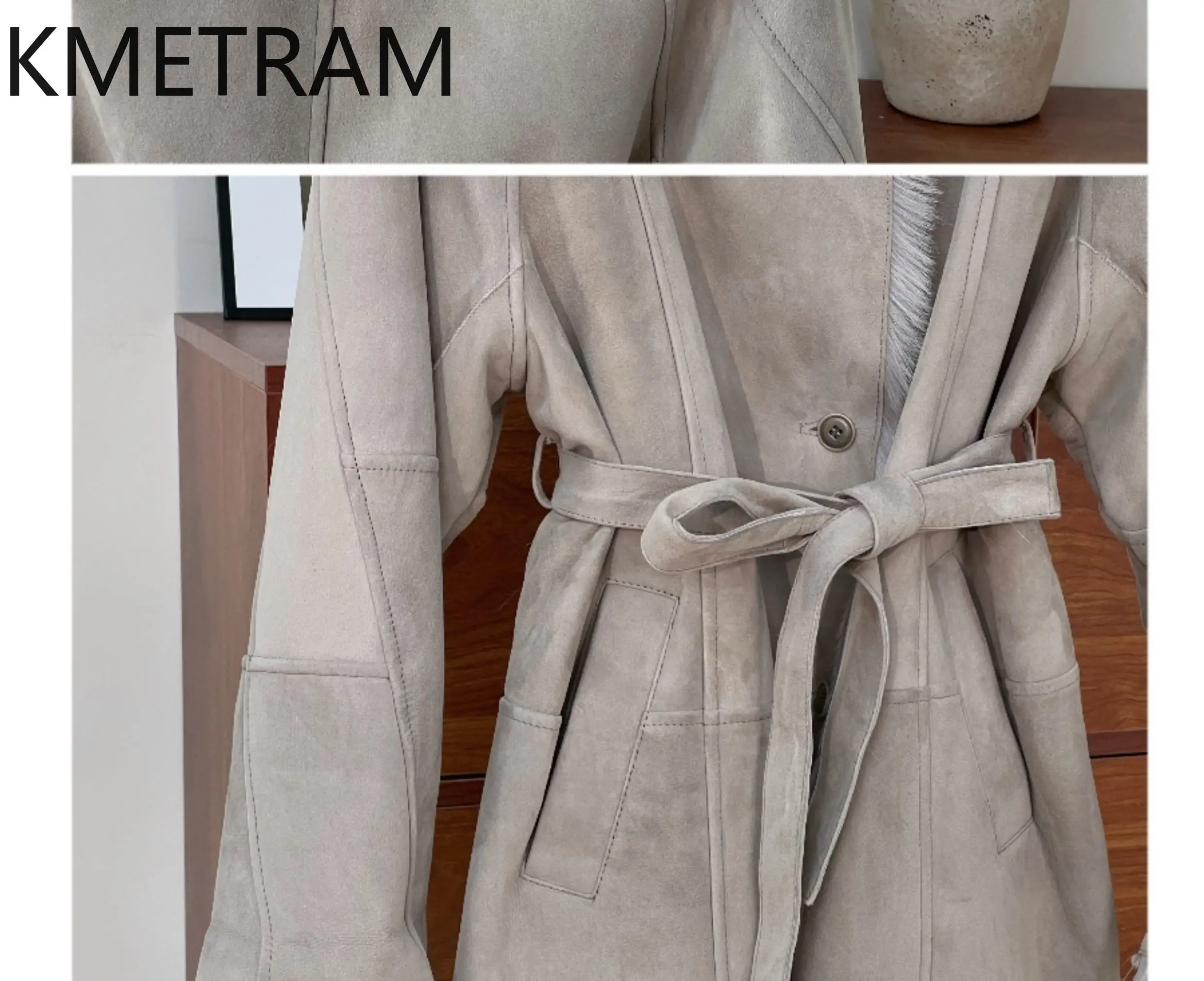 KMETRAM 100% Natural Goat Sheepskin Wool Fur Coat with Removable Belt Light Grey Winter Women Clothing 2025 manteaux hiver femme