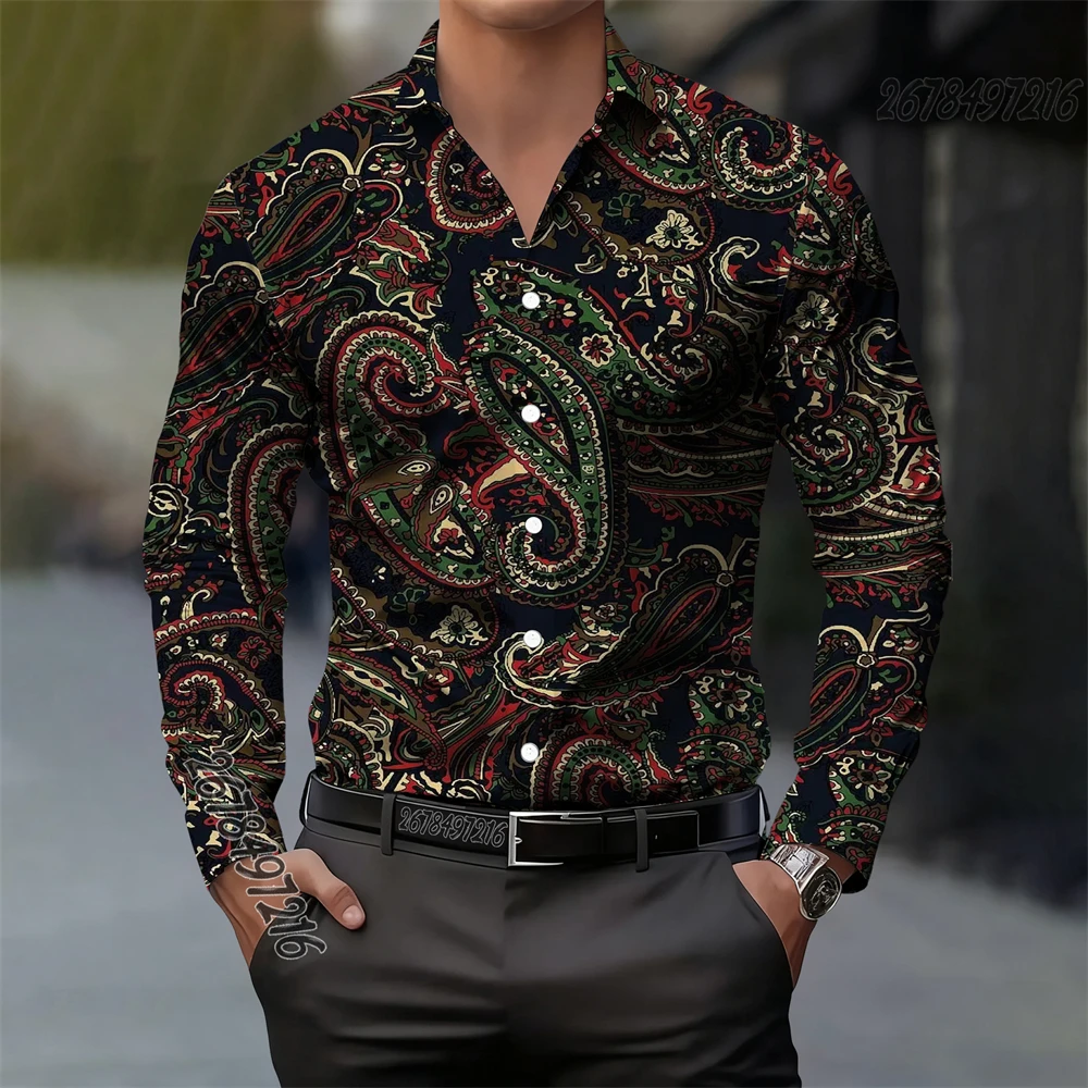 ヴィンテージメンズペイズリーカシミアフラワー長袖シャツプリントカジュアルエレガントファッション快適な高品質メンズラペルトップ