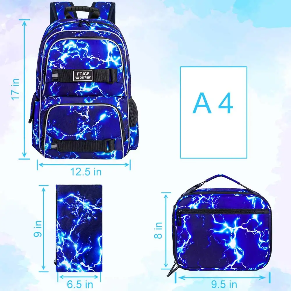 3 ชิ้นกระเป๋าเป้สะพายหลังเด็กชายสายฟ้า, 16 นิ้วกระเป๋าแล็ปท็อปโรงเรียนวัยรุ่นวิทยาลัยกันน้ำเด็กกระเป๋าเป้สะพายหลังพร้อมกล่องอาหารกลางวันชุดสีฟ้า