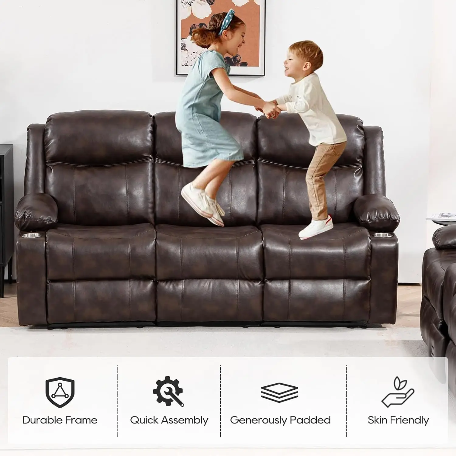 Brown Recliner Sofa Set with Power Reclining Feature for Living Room, 3-Seater, Customized