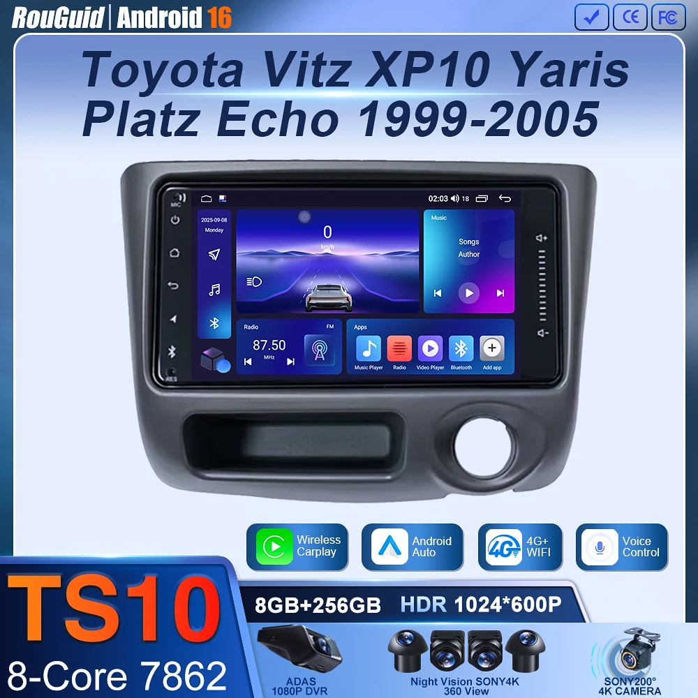 

For Toyota Vitz XP10 Yaris Platz Echo 1999 2000 2001 - 2005 Android 16 Multimedia Video Player Carplay Touch Screen RDS 8 Core