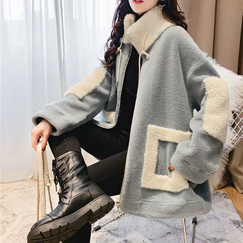 Biyaby Winter Warm Lapel Plus Velvet Coat Woman Casual Patchwork Loose Plush Sweatshirt Women All-Match Zipper Sports Outwear