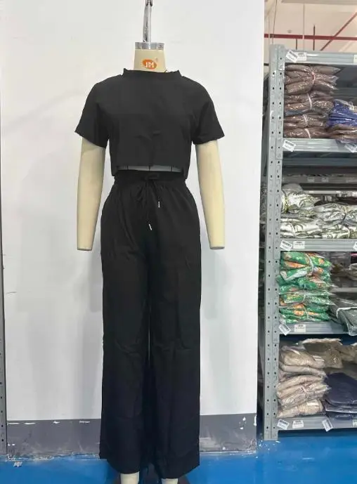 2025 신상 여성 투피스 세트, 세련된 라운드넥 반팔 상의와 하이웨이스트 팬츠 세트