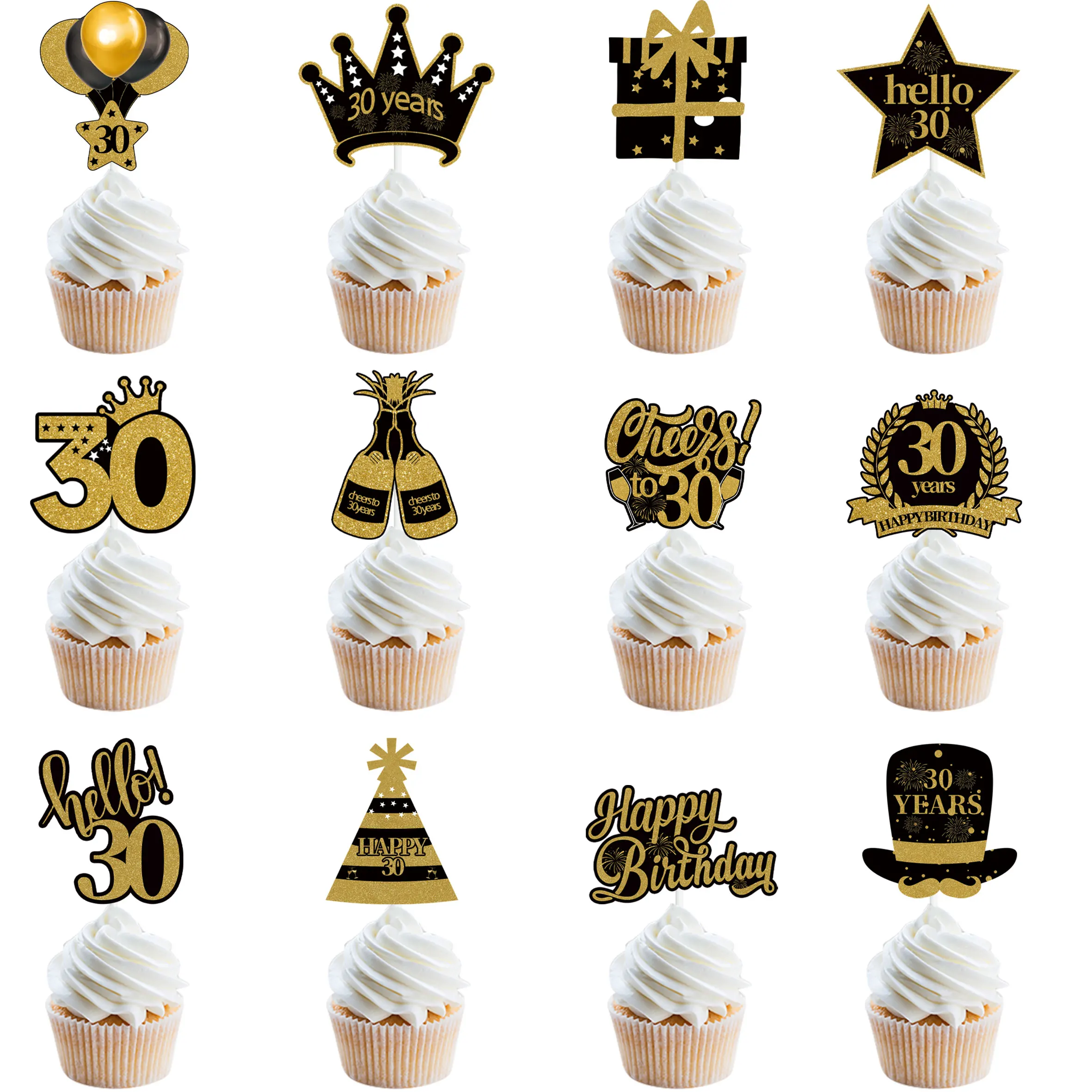 12Pcs 30th 40th 50th 60th Birthday Party Black Gold Cake Toppers Adult Birthday Anniversary 18 30 40 50 Year Birthday Supplies