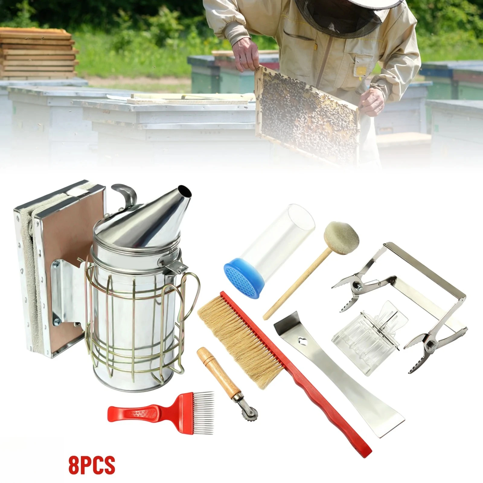 Beekeeping 7-Piece Set with Extra Manual Smoker, Beekeeper Tool Accessories & Beekeeping Supplies