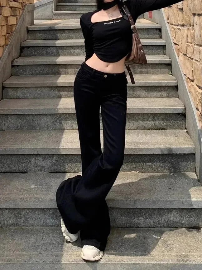 

Jeans For Women High Waist 2000'S Clothes Button Fly Zipper Closure Belted Buckle Denim Female Trousers Ladies Fashion Print