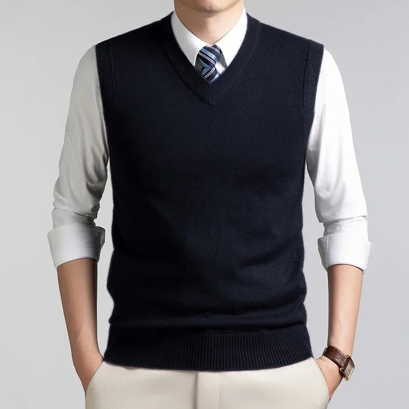 Mens V Neck Solid Knitted Vest Sleeveless Sweater Waistcoat Business Casual Slim Fit Pullover Tank Top Winter Warm Knitwear view 2