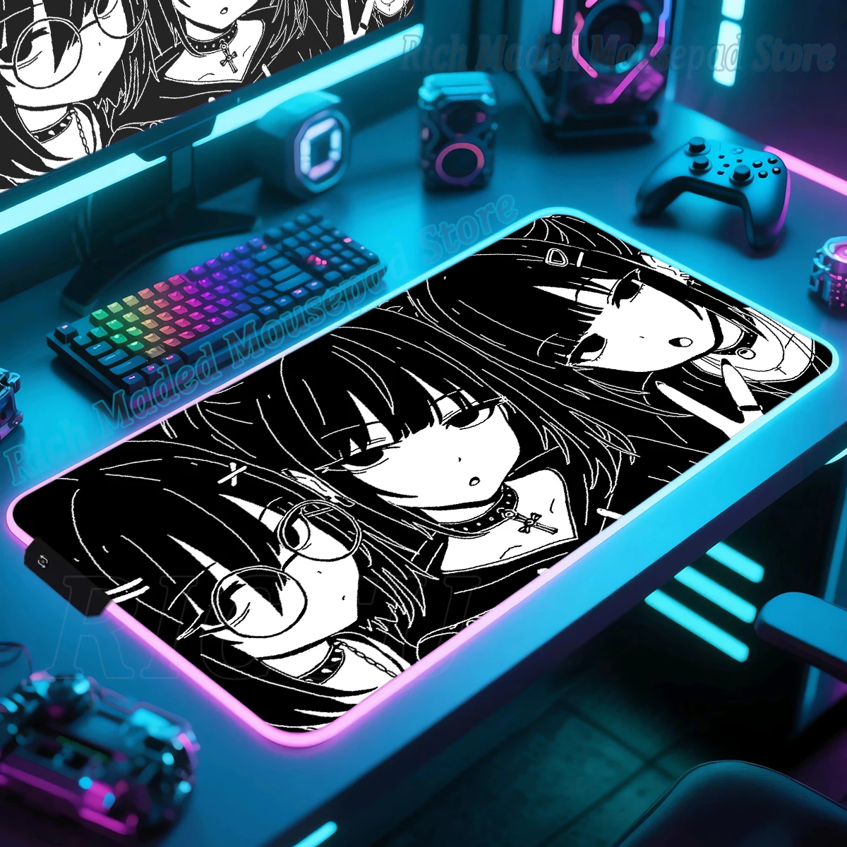 

RGB Black White Mousepad Anime Girl Y2K Mouse Pad Large Gaming Non-Slip PC Keyboard Pad DeskMat Office Carpet Laptop accessories