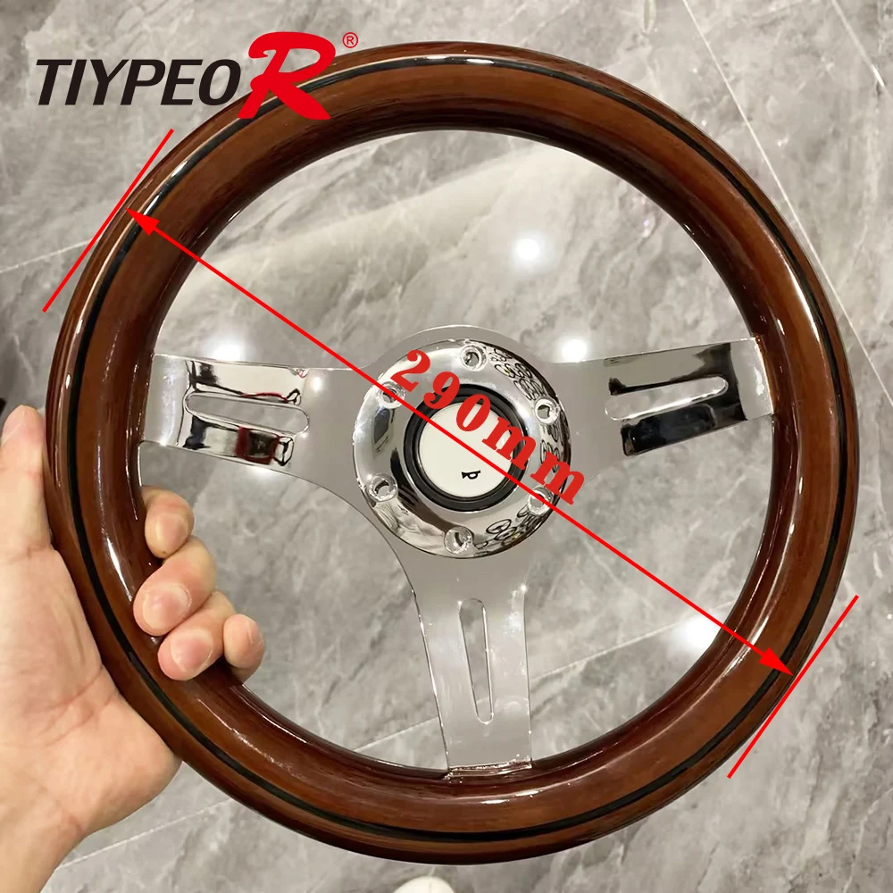 Tiype 290mm Diameter Solid Wood Car Mini Steering Wheel Silver Bracket Racing Game Simulator Steering Wheel Brown and Black Line