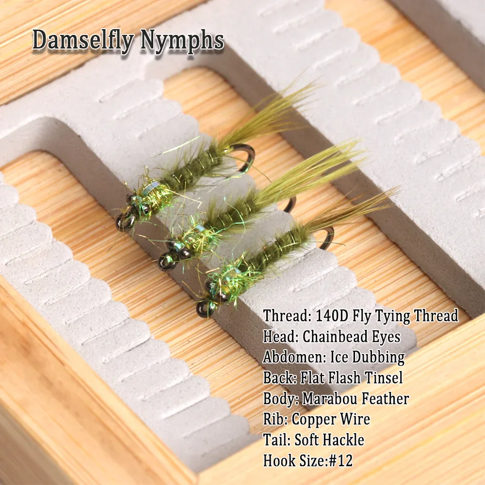 Wifreo 6pcs Olive Damselfly Nymphs Chainbead Eye Marabou Body Flash Tinsel Back Fishing Flies Trout Fishing Lures Baits #12