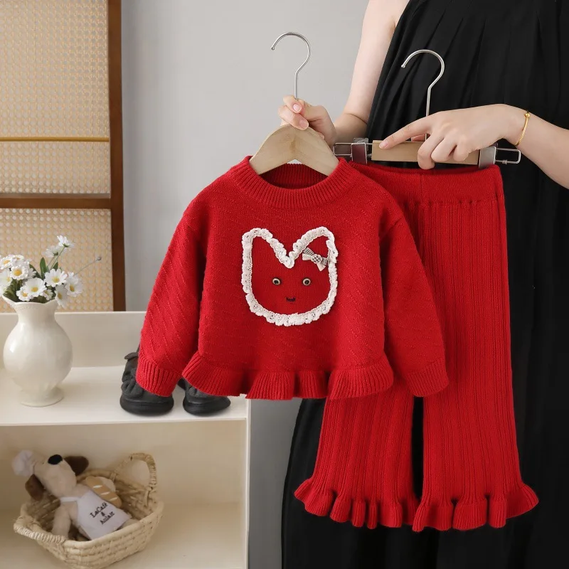 Children's jumper 2025 autumn new little girl cartoon round neck knitwear two-piece girl jumper trousers set 90-130cm