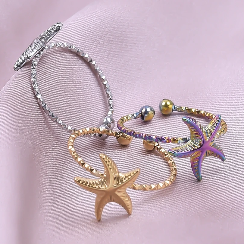1/3Pcs Stainless Steel Sea Animal Starfish Shell Open Rings For Women Summer Marine Life Pentagram Birthday кольца Jewelry Bulk