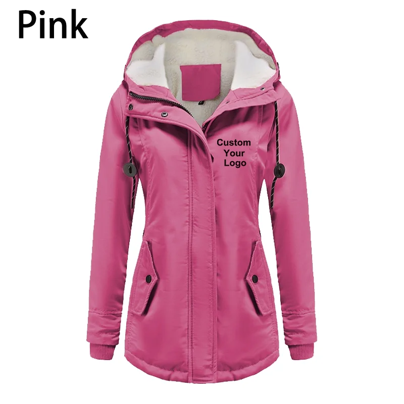 Women Custom Your Logo Fashion Chic Drawstring Hoodie Parka Coat Winter Warm Padded Jacket Winter Slim Zipper Hooded Jacket