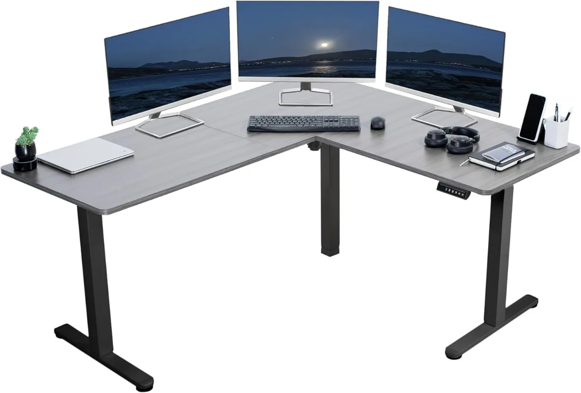 Electric Corner L-Shaped 63 x 55 inch Standing Desk, Height Adjustable, Memory Controller, Dark Gray Top Black Frame, DESK-