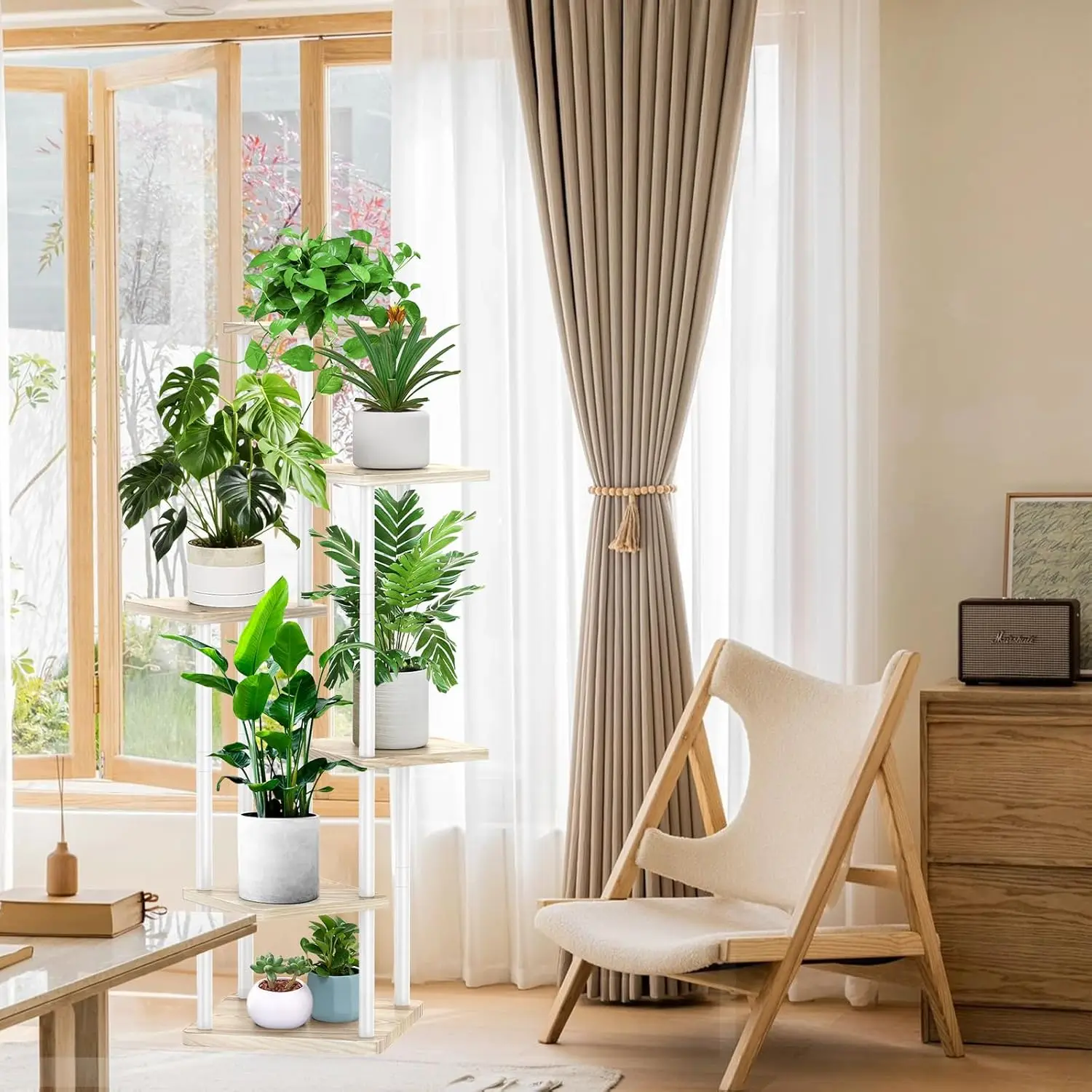 6 Tier Wood Tall Plant Stand Metal Rack Indoor, Multiple Flower Pot Holder Shelves Corner Rack, Planter Shelf Display Rack Stora