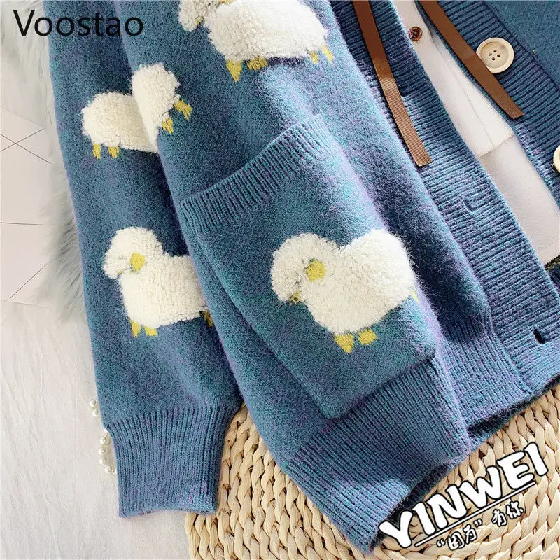 Spring Autumn Women V-Neck Kawaii Sheep Sweater Coat Korean Knitted Cardigan Female Casual Long Sleeve Loose Sueter Mujer Jacket