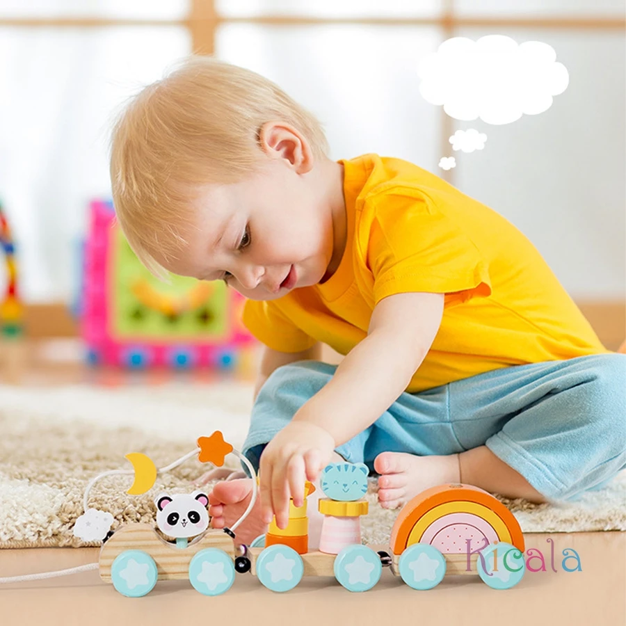 Houten trein Dierenspeelgoed Montessori-speelgoed Educatief babyspeelgoed Kleurvorm Bijpassende houten trolley Babyleerspeelgoed Nummer Hout