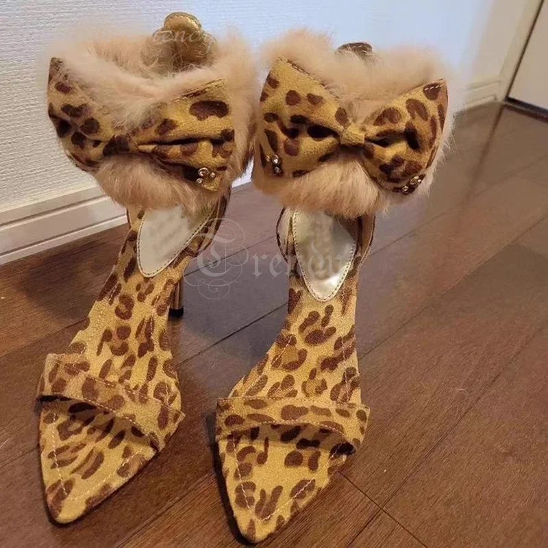 

Brown Leopard Print Open Sandals Women Fur Butterfly Knot Heels Pointed Zipper Stiletto Shallow Sexy Shoes Feathers Casual Shoes