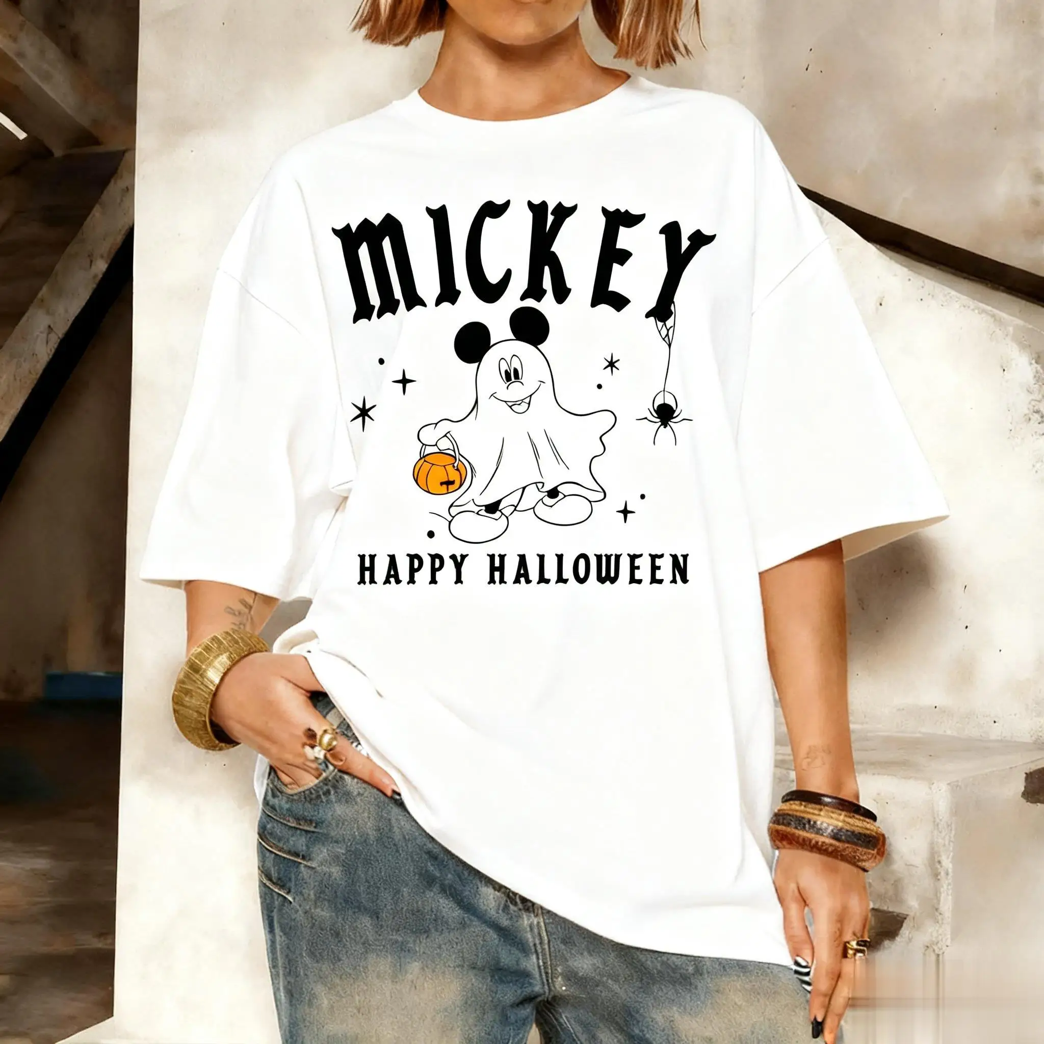 Mickey traje de halloween t camisa das mulheres dos homens 2025 outono solto streetwear oversized casual topo engraçado dos desenhos animados impressão disney presente ​ ​