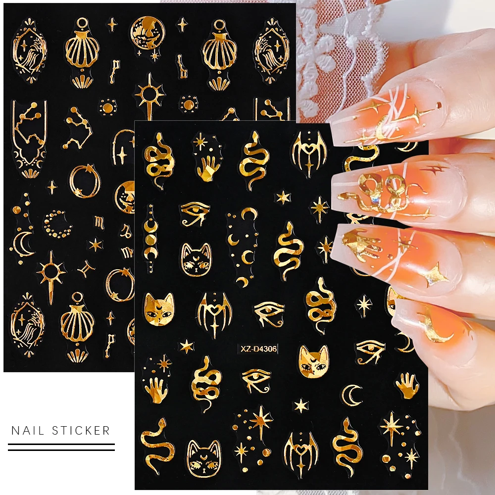 12 Pz/lotto 3D Sole Stella Luna Unghie Artistiche Adesivi Oro Argento Nero Bianco Y2K Starlight Decalcomanie Autoadesive Manicure Slider