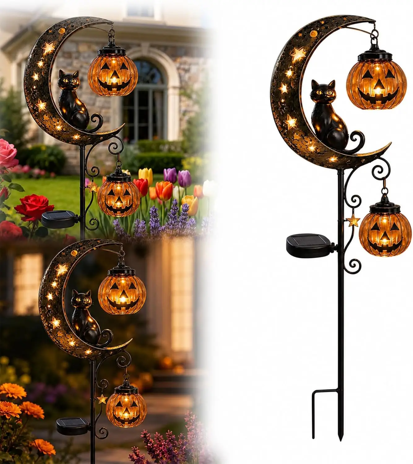 New Solar Halloween Pumpkin Moon Light Black Cat Garden Stake Waterproof Metal Outdoor LED Lamp For Patio Lawn Pathway Decor