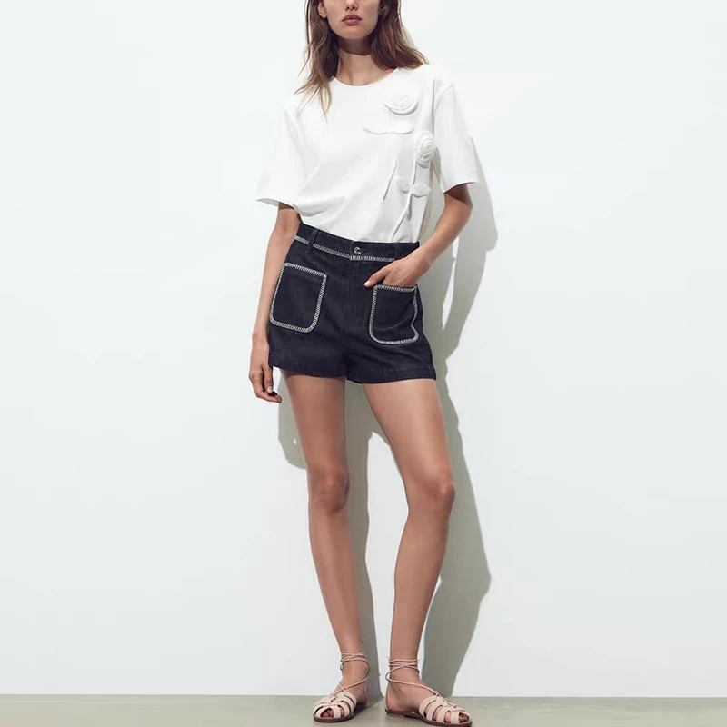 Cseta de Verano 2025 para Mujer, Estilo Casual, Cuello Redondo, Manga Corta, Corte Ajustado, Decoración de Flores Abullona...