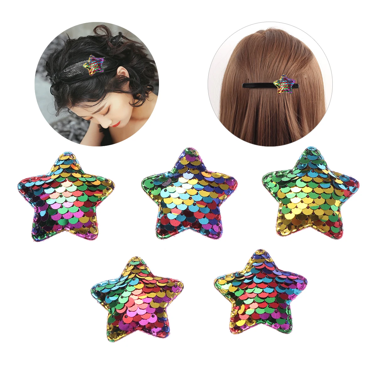 

5pcs Sequin Star Patches Pentagram Hairpin Mermaid Scale DIY Supplies Crafts Decorative for Clothing Bags Hair Clips Bobby Pins