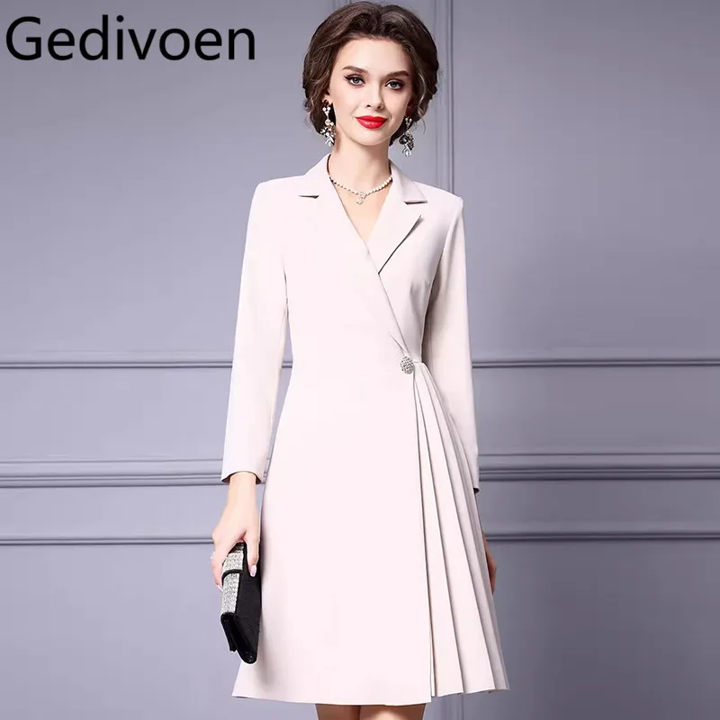 

Gedivoen Fashion Runway Autumn Winter Dress Women's Notched Long-Sleeved Pleated Splicing Commuter Solid Color Dress