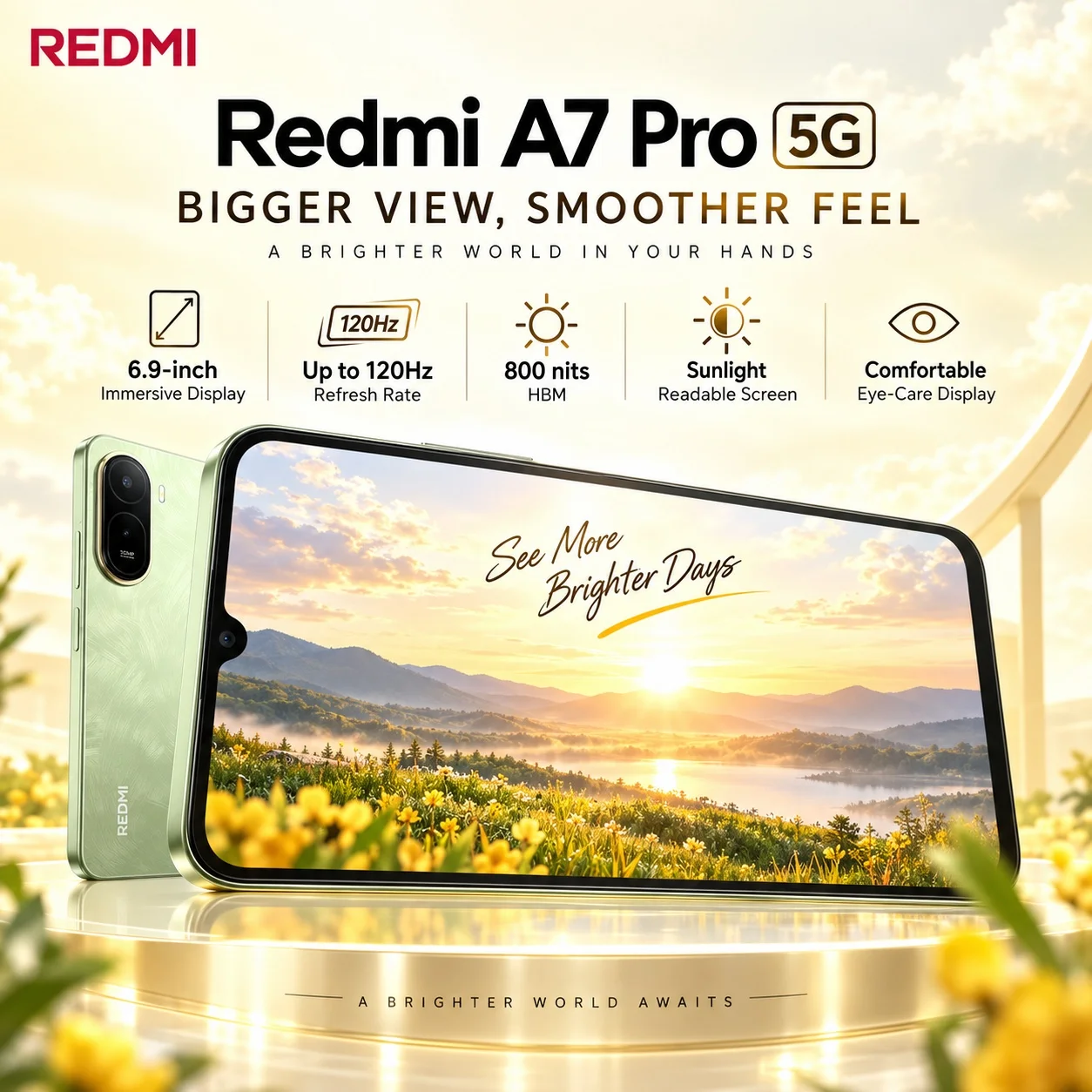 REDMI A7 Pro 5G: T8300 5G, 6.9-inch 120Hz display, 32MP AI camera, 6300mAh battery, 15W charging, plus 2TB expandable storage.