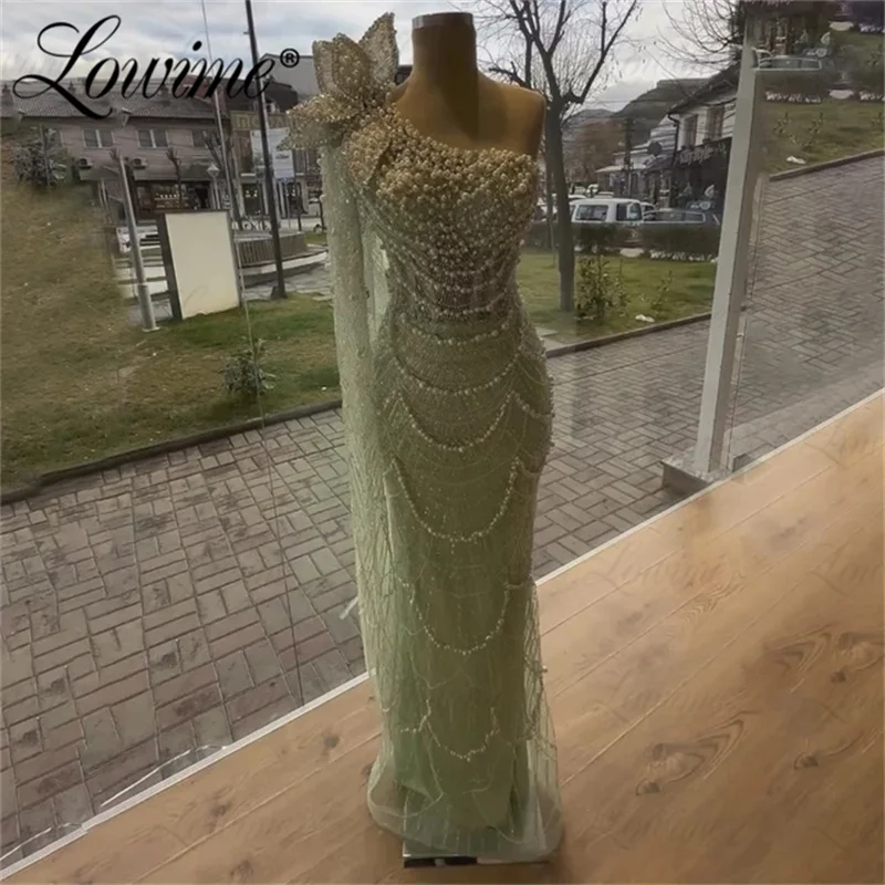 ﻿ Mint Green Prom Dress Aso Ebi Beaded Mermaid Long Sleeve Formal Party Second Reception Birthday Engagement Gowns Dresses Robe