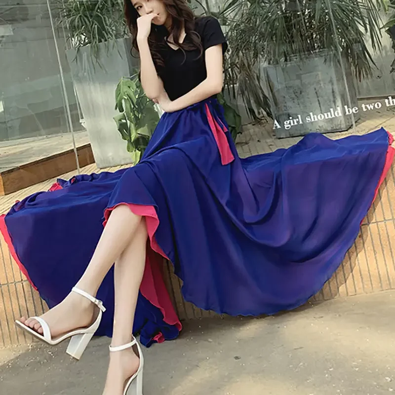 720 Double-Sided Half-Length Chiffon Long Dress Xinjiang Dance Red Dress Reversible Two-Way Wear Dance Long Dress Large Wide Ski