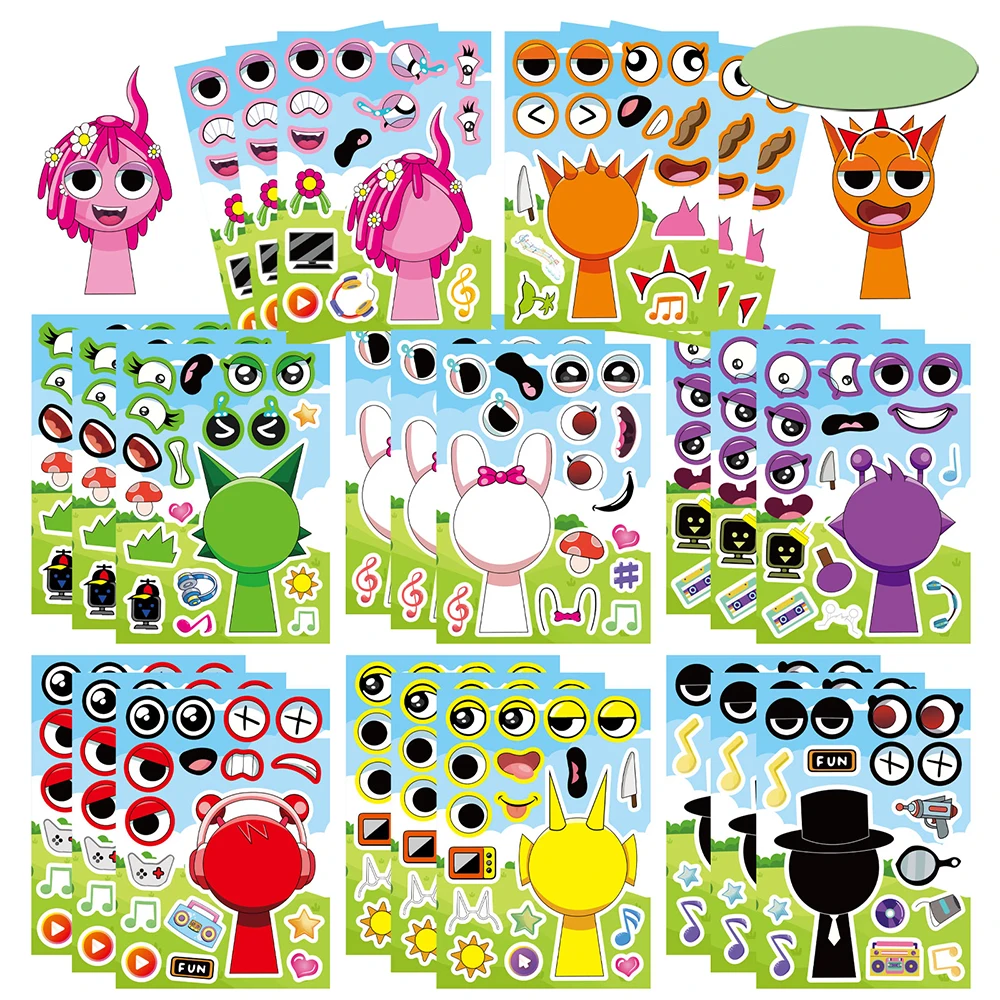 

8/16Sheets Anime Sprunki Funny Puzzle Sticker Make a Face Decals Game Kids Toys Cartoon Assemble Jigsaw Children Party Gift