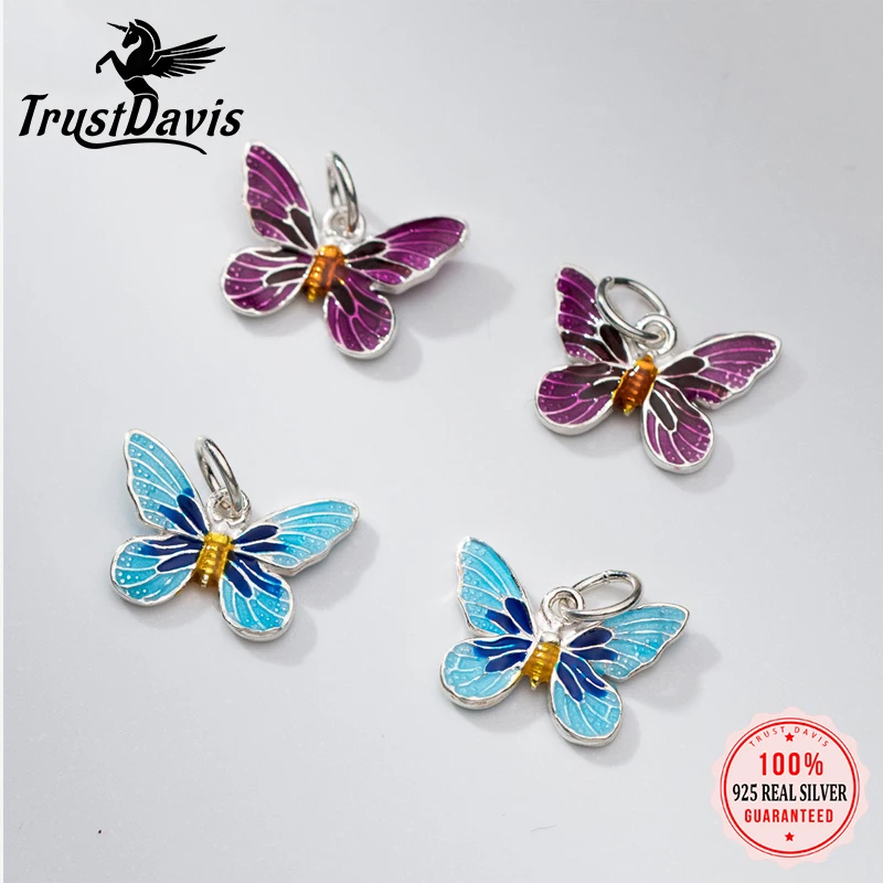 TrustDavis Real 925 Sterling Silver Sweet Colorful Butterfly DIY Fit Bracelet Necklace Accessories Women Children Jewelry DZ796