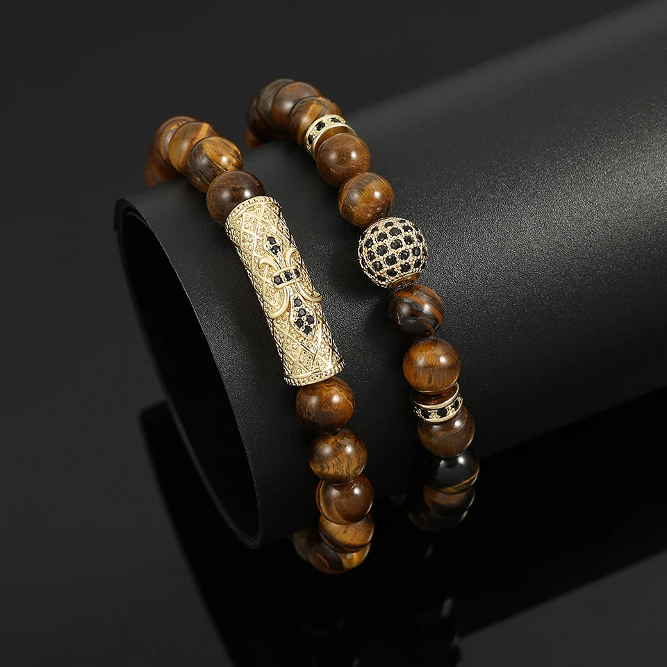 TrendMen Classic Vintage Elephants Beaded Bracelets For Men Bro Natural Tiger Eye Stone Strand Wristlet Jewelry Gifts Bangles