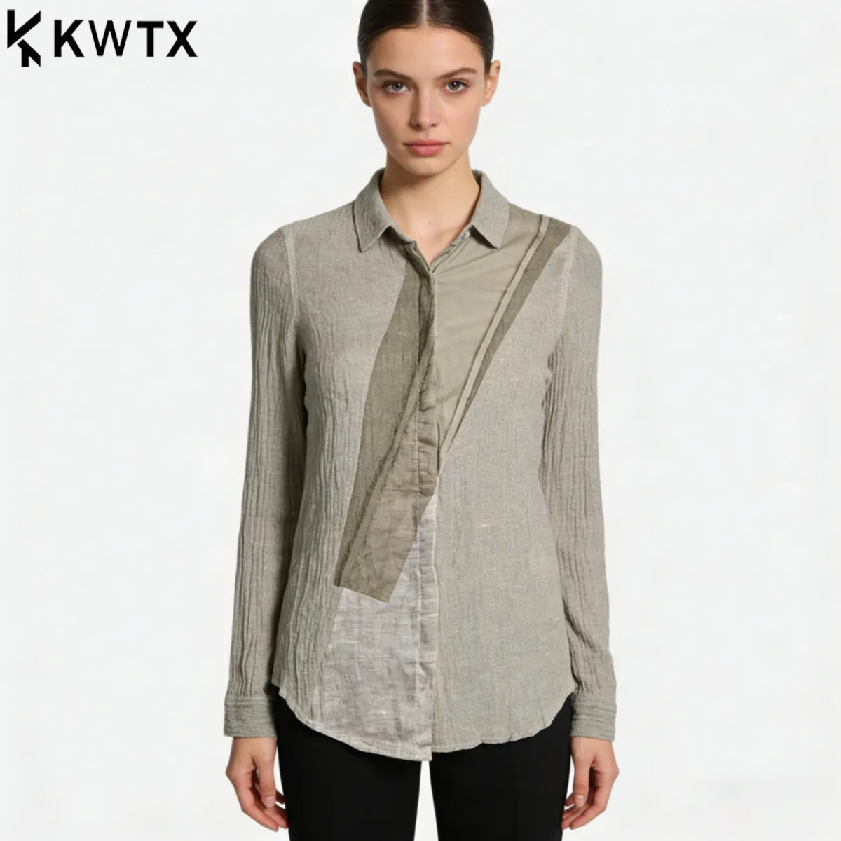 

Женская блузка KWTX 2026: новая коллекция для вечеринок и банкетов, 65,1% лен, отложной воротник, длинный рукав, модная повседневная рубашка для весны и осени