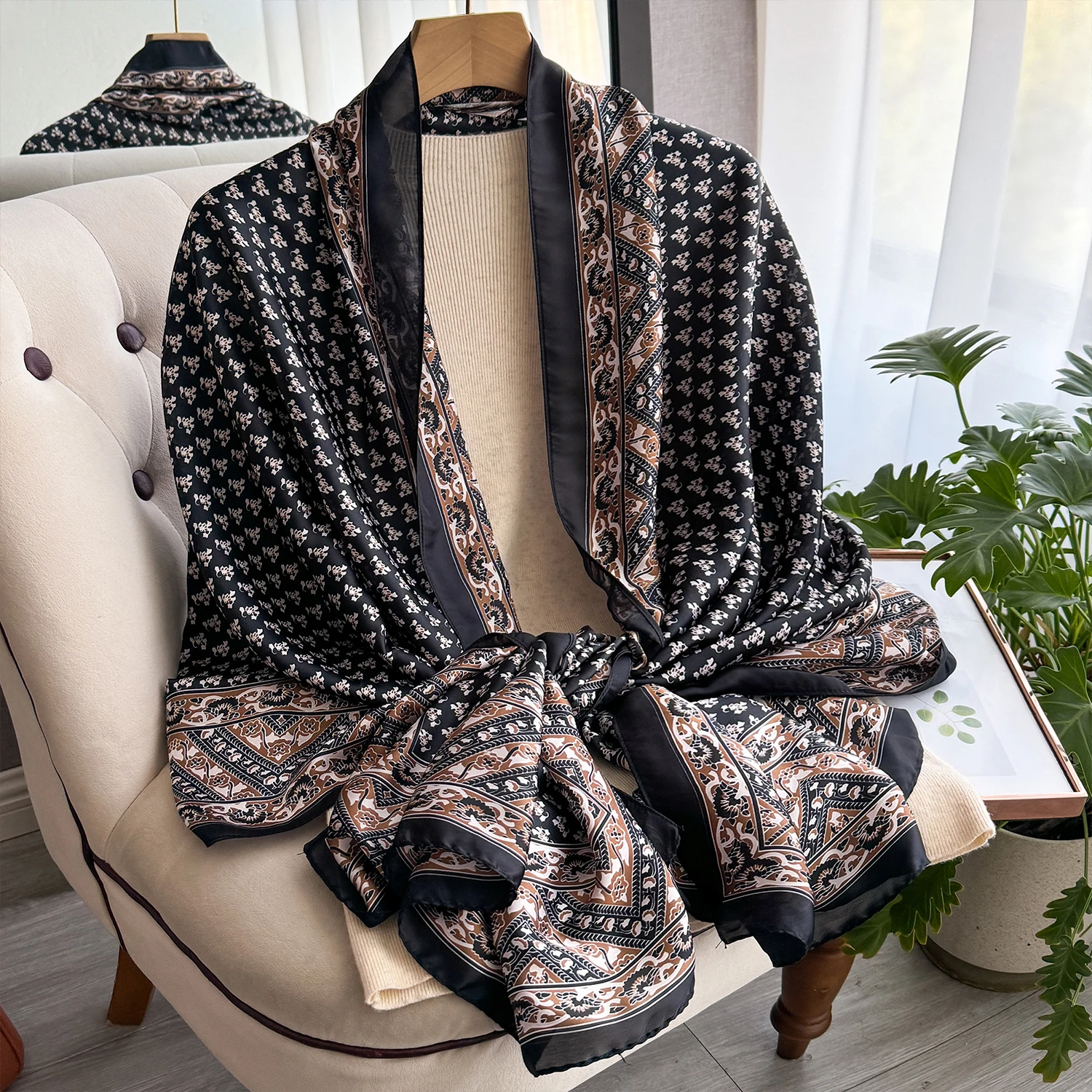 أحدث الربيع عالية الجودة وشاح حريري ناعم النساء السيدات أنيقة طباعة وشاح أزياء شال الشاطئ الحماية من الشمس مصمم وشاح