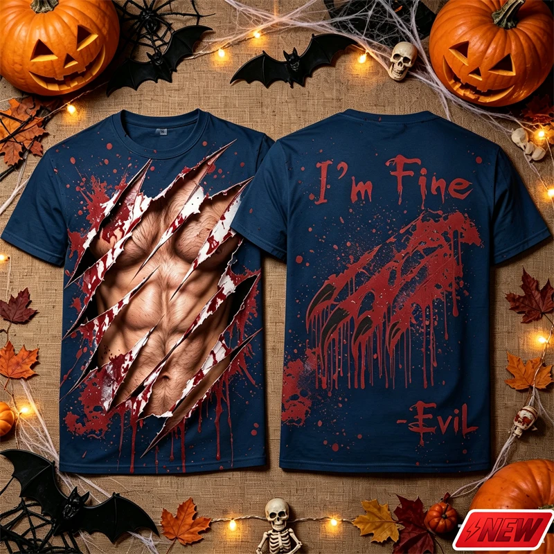 Halloween I'M Fine T Shirt Men 3D Ripped Fake Muscle Abs Blood Splatter Pattern Short Sleeve Quick Dry Tee Horror Cosplay Tops
