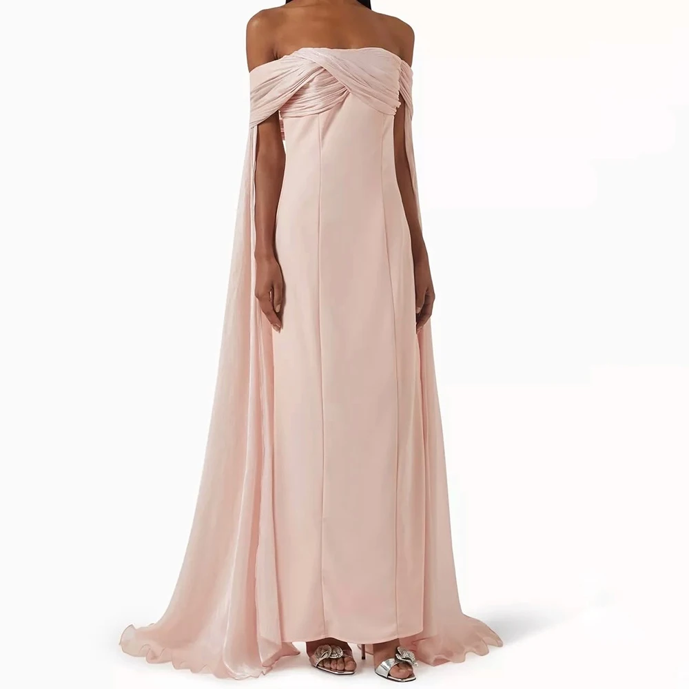 

Customized Straight Evening Dresses Floor-length Off The Shoulder Sleeveless Prom Gown Fashion Pleat Simple Draped Party Gown