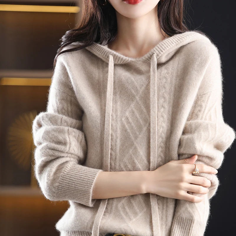 2022 New Spring Autumn Hooded Knitt Sweater Female Outer Wear Fashion Loose Twist Sweater Women Pullover Knitt Bottoming Sweater