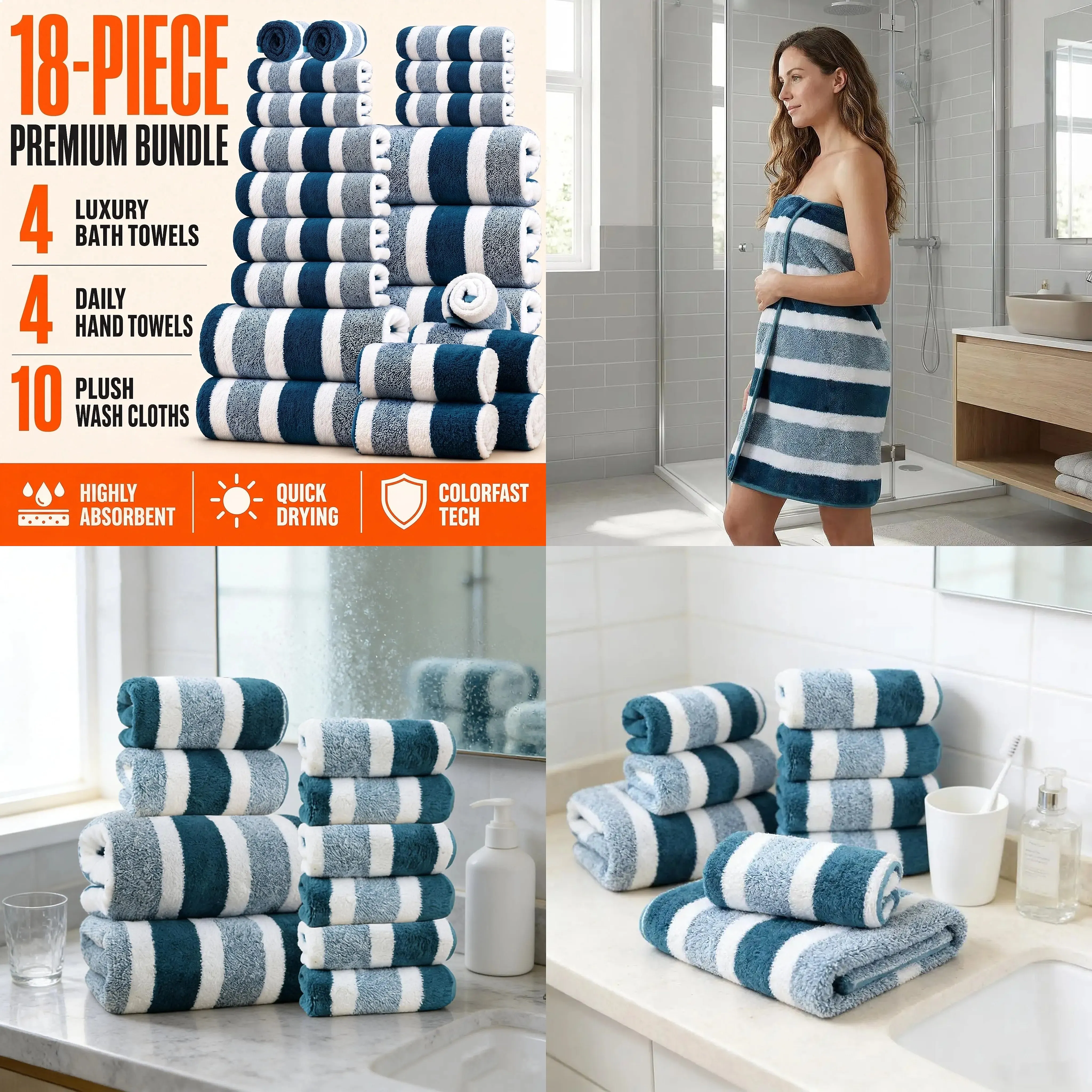 18Pcs Luxury Quick Dry Highly Absorbent Soft Plush Bath Towel Set with Hanging Loops for Home Hotel Spa