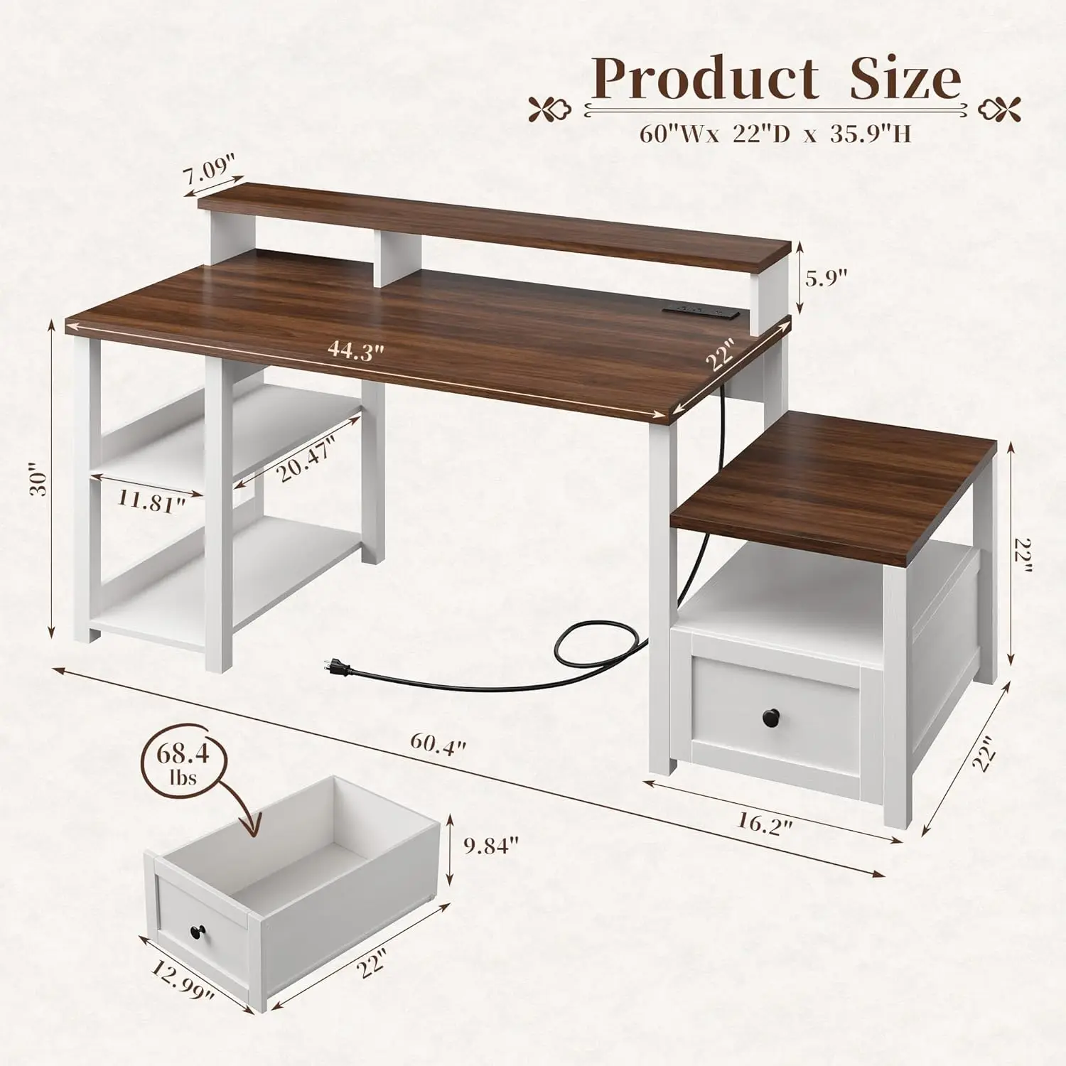 60.4' White Computer Desk with Drawer, LED Light, Monitor Stand & Power Outlet – Farmhouse Study Desk for Home Office