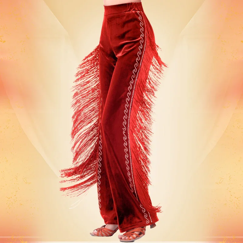 Fringe Pants Latin Dance Women Practice Clothes Cha Cha Samba Tango Dance Wear with Tassels Velvet Trousers Rhinestone Pant