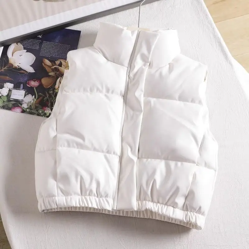 Herfst Winter Korea Stijl Gewatteerd Vest Vrouwen Geruit Trekkoord Geplooid Staande Kraag Pu Leren Korte Vest Jassen Voor Vrouwen