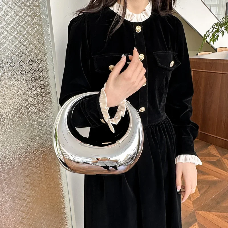 New Golden Evening Handbag for Women PVC Wrist Bag Dinner Party Wedding Round Handle Clutch Purse 2024 Luxury Designer Handbag