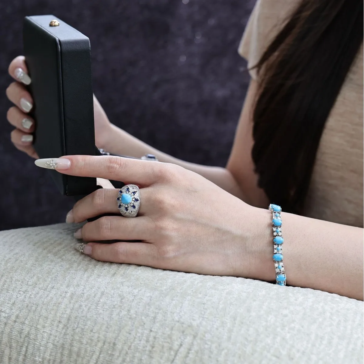 S925 Silver Synthetic Blue Turquoise Ring Bracelet Set, Vintage Heirloom Style Jewelry Collection Gift