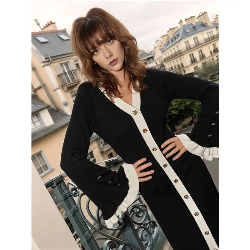 CYL-Women's Bell Sleeve Midi Sweater Dress Fall V-Neck Color Block Bodycon فساتين متماسكة #2