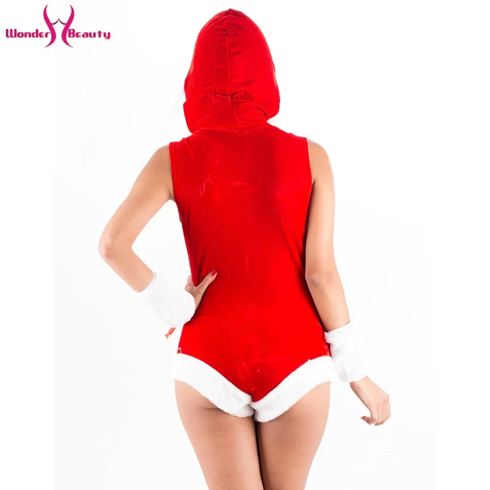 Women Christmas Santa Bodysuit Red Hooded Romper Xmas Costume Velvet Jumpsuit Holiday Party One Piece Sexy Outfit view 3