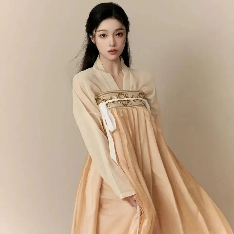 Vestido hanfu tradicional antigo, feminino chinês, elegante, bordado floral, palco, dança folclórica, retrô, conjunto da dinastia weijin