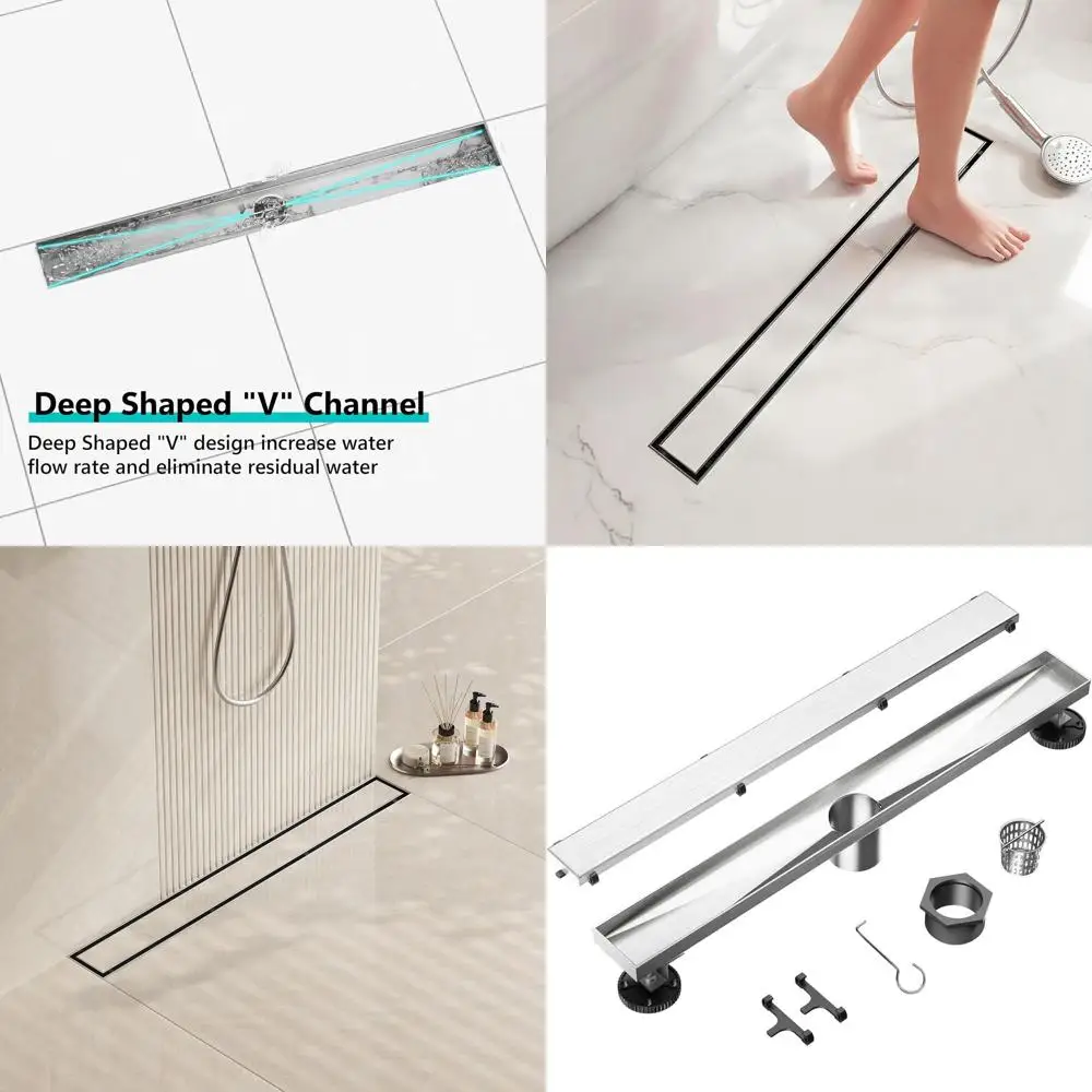 

Rectangle Linear Shower Drain with Dual Flat and Tile Insert, 30-Inch Hair Strainer Included