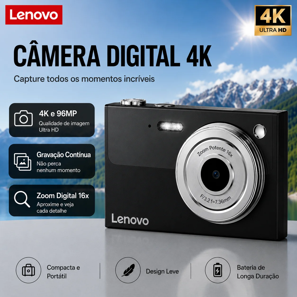 Lenovo câmera digital 96mp 16x zoom digital câmera fotográfica estudante ao ar livre anti-shake vídeo digital autofoco com cartão 32g xj22